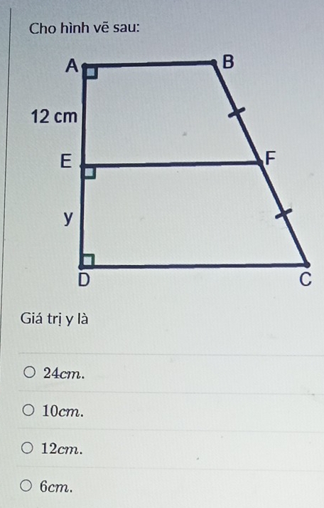 Cho hình vẽ sau:
Giá trị y là
24cm.
10cm.
12cm.
6cm.