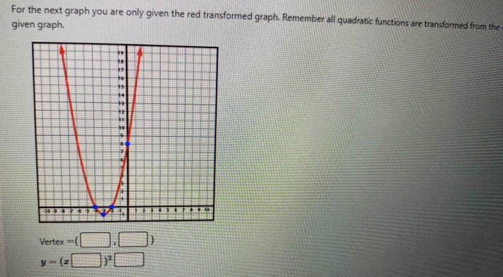 For the next graph you are only given the red transformed graph. Remember all quadratic functions are transformed from the 
given graph. 
Vertex =(□ ,□ )
y=(x□ )^2□