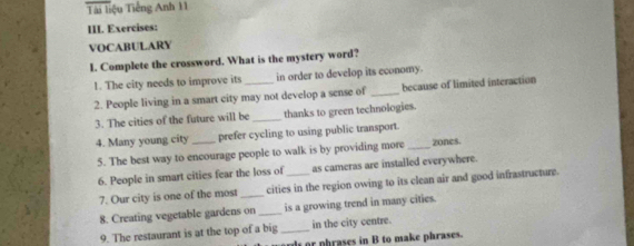 Tài liệu Tiếng Anh 11 
III. Exercises: 
VOCABULARY 
I. Complete the crossword. What is the mystery word? 
1. The city needs to improve its in order to develop its economy. 
2. People living in a smart city may not develop a sense of _because of limited interaction 
3. The cities of the future will be _thanks to green technologies. 
4. Many young city _prefer cycling to using public transport. 
5. The best way to encourage people to walk is by providing more _zones. 
6. People in smart cities fear the loss of as cameras are installed everywhere. 
7. Our city is one of the most _cities in the region owing to its clean air and good infrastructure. 
8. Creating vegetable gardens on _is a growing trend in many cities. 
9. The restaurant is at the top of a big _in the city centre. 
p hrases in B to make phrases.