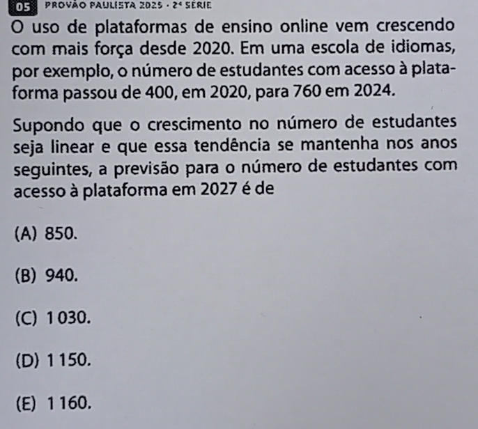 Solved: Provão Paulista 2025· 2^4 O uso de plataformas de ensino online ...