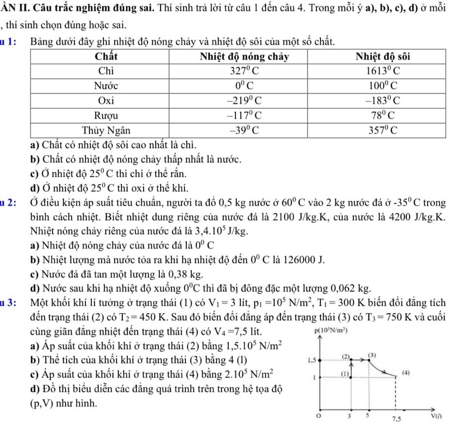 IÀN II. Câu trắc nghiệm đúng sai. Thí sinh trả lời từ câu 1 đến câu 4. Trong mỗi ý a), b), c), d) ở mỗi
, thí sinh chọn đúng hoặc sai.
lu 1:  Bảng dưới đây ghi nhiệt độ nóng chảy và nhiệt độ sôi của một số chất.
a) Chất có nhiệt độ sôi cao nhất là chì.
b) Chất có nhiệt độ nóng chảy thấp nhất là nước.
c) Ở nhiệt độ 25°C thì chì ở thể rắn.
d) Ở nhiệt độ 25°C thì oxi ở thể khí.
u 2: Ở điều kiện áp suất tiêu chuẩn, người ta đồ 0,5 kg nước ở 60°C vào 2 kg nước đá ở -35°C trong
bình cách nhiệt. Biết nhiệt dung riêng của nước đá là 2100 J/kg.K, của nước là 4200 J/kg.K.
Nhiệt nóng chảy riêng của nước đá là 3,4.10^5J/kg.
a) Nhiệt độ nóng chảy của nước đá là 0°C
b) Nhiệt lượng mà nước tỏa ra khi hạ nhiệt độ đến 0°C là 126000 J.
c) Nước đá đã tan một lượng là 0,38 kg.
d) Nước sau khi hạ nhiệt độ xuống 0°C thì đã bị đông đặc một lượng 0,062 kg.
u 3: Một khối khí lí tưởng ở trạng thái (1) có V_1=3 lít, p_1=10^5N/m^2,T_1=300K biến đổi đẳng tích
đến trạng thái (2) có T_2=450K 1. Sau đó biến đổi đẳng áp đến trạng thái (3) có T_3=750K và cuối
cùng giãn đẳng nhiệt đến trạng thái (4) có V_4=7,5 lit. p(10^5N/m^2)
a) Áp suất của khối khí ở trạng thái (2) bằng 1,5.10^5N/m^2
b) Thể tích của khối khí ở trạng thái (3) bằng 4 (l) 1,5 (2) (3)
c) Áp suất của khối khí ở trạng thái (4) bằng 2.10^5N/m^2 1 (1) (4)
d) Đồ thị biểu diễn các đẳng quá trình trên trong hệ tọa độ
(p,V) như hình.
3 5 7,5 V(I)