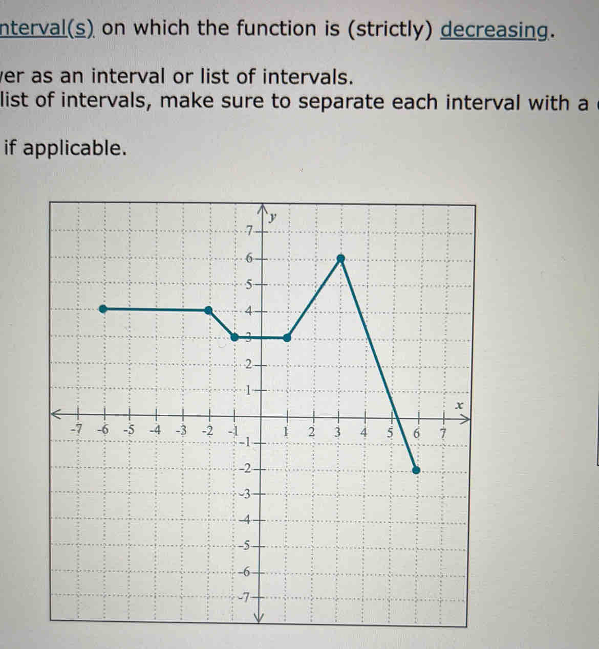 nterval(s) on which the function is (strictly) decreasing. 
ver as an interval or list of intervals. 
list of intervals, make sure to separate each interval with a 
if applicable.