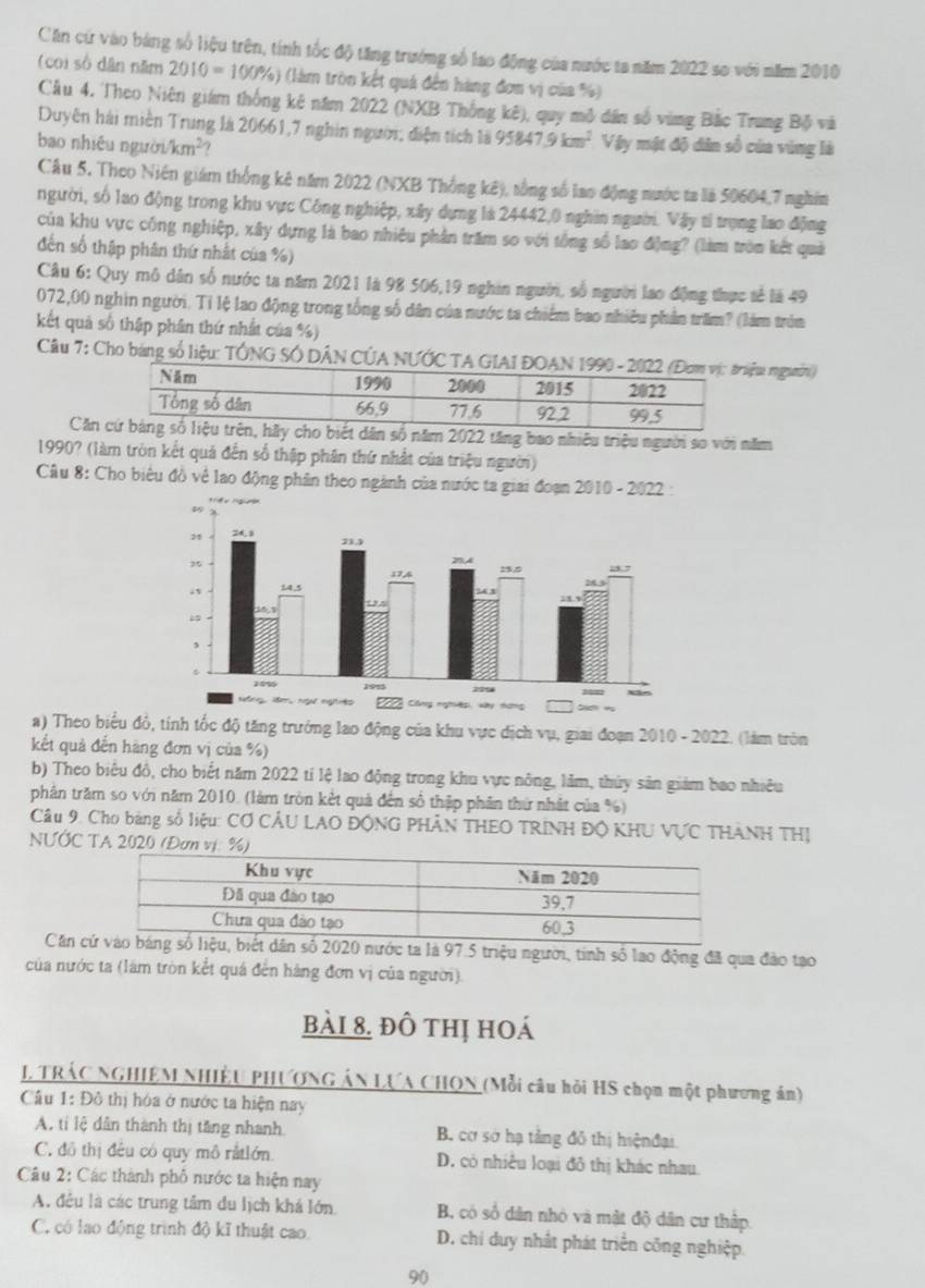 Căn cứ vào bảng số liệu trên, tính tốc độ tăng trưởng số lao động của nước ta năm 2022 so với năm 2010
(coi số dân năm 2010=100% ) (làm tròn kết quá đến hàng đơn vị của %)
Cầu 4. Theo Niên giám thống kê năm 2022 (NXB Thống kê), quy mô dân số vùng Bắc Trung Bộ và
Duyên hài miền Trung là 20661,7 nghin người; diện tích là 95847.9km^2 Vậy mật độ dân số của vùng là
bao nhiều người km^2 /
Câu 5. Theo Niên giám thống kê năm 2022 (NXB Thống kế), tổng số lao động nước ta là 50604,7 nghĩm
người, số lao động trong khu vực Công nghiệp, xây dựng là 24442,0 nghĩn người. Vậy tỉ trọng lao động
của khu vực công nghiệp, xây dựng là bao nhiêu phần trăm so với tổng số lao động? (làm tròn kết quả
đến số thập phân thứ nhật của %)
Câu 6: Quy mô dân số nước ta năm 2021 là 98 506,19 nghin người, số người lao động thực sẻ là 49
072,00 nghin người. Tỉ lệ lao động trong tổng số dân của nước ta chiếm bao nhiều phản trấm? (làm tròn
kết quả số thập phân thứ nhất của %)
Cầu 7: Cho bảng số liệu: TÔNG SÓ DÂN CÚA NƯỚC TA GIu người)
Cănn, hãy cho biết dân số năm 2022 tăng bao nhiêu triệu người so với năm
1990? (làm tròn kết quá đến số thập phân thứ nhất của triệu người)
Cầu 8: Cho biêu đồ về lao động phân theo ngành của nước ta giai đoạn 2010 - 2022 :
a) Theo biểu đỏ, tính tốc độ tăng trưởng lao động của khu vực địch vụ, giai đoạn 2010 - 2022. (lám tròn
kết quả đến hãng đơn vị của %)
b) Theo biểu đồ, cho biết năm 2022 tí lệ lao động trong khu vực nông, lằm, thủy sản giám bao nhiều
phản trăm so với năm 2010. (làm tròn kết quả đến số thập phân thứ nhật của %)
Câu 9. Cho bảng số liệu: CƠ CÂU LAO ĐÔNG PHÂN THEO TRÍNH ĐÔ KHU VƯC THANH THị
NƯỚC TA 2020 (Đơn vị: %)
Căn c0 nước ta là 97.5 triệu người, tinh số lao động đã qua đảo tạo
của nước ta (làm tròn kết quá đến hàng đơn vị của người).
bài 8. đô thị hoá
I. TRÁC NGHIÊM NHIÊU PHƯơNG ÁN LựA CHON (Mỗi câu hỏi HS chọn một phương ản)
Câu 1: Đô thị hóa ở nước ta hiện nay
A, tỉ lệ dân thành thị tăng nhanh B. cơ sở hạ tảng đô thị hiệnđại
C. đô thị đều có quy mô rấtlớn. D. có nhiều loại đô thị khác nhau.
Câu 2: Các thành phố nước ta hiện nay
A. đều là các trung tâm du lịch khá lớn B, có số dân nhỏ và mật độ dân cư thập.
C. có lao động trình độ kĩ thuật cao D. chi duy nhất phát triển công nghiệp.
90