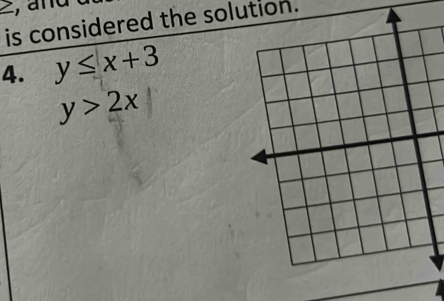 2, añd
is considered the solution.
4. y≤ x+3
y>2x