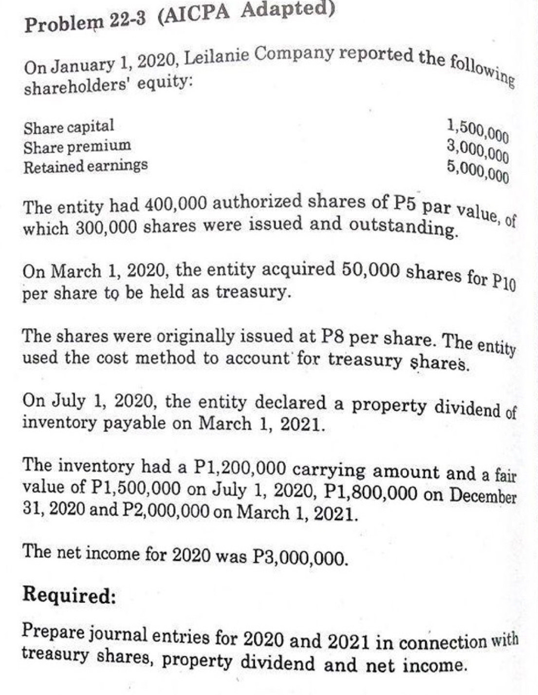 Problem 22-3 (AICPA Adapted) 
On January 1, 2020, Leilanie Company reported the following 
shareholders' equity: 
Share capital
1,500,000
Share premium
3,000,000
Retained earnings
5,000,000
The entity had 400,000 authorized shares of P5 par value, of 
which 300,000 shares were issued and outstanding. 
On March 1, 2020, the entity acquired 50,000 shares for P10
per share to be held as treasury. 
The shares were originally issued at P8 per share. The entity 
used the cost method to account for treasury shares. 
On July 1, 2020, the entity declared a property dividend of 
inventory payable on March 1, 2021. 
The inventory had a P1,200,000 carrying amount and a fair 
value of P1,500,000 on July 1, 2020, P1,800,000 on December 
31, 2020 and P2,000,000 on March 1, 2021. 
The net income for 2020 was P3,000,000. 
Required: 
Prepare journal entries for 2020 and 2021 in connection with 
treasury shares, property dividend and net income.