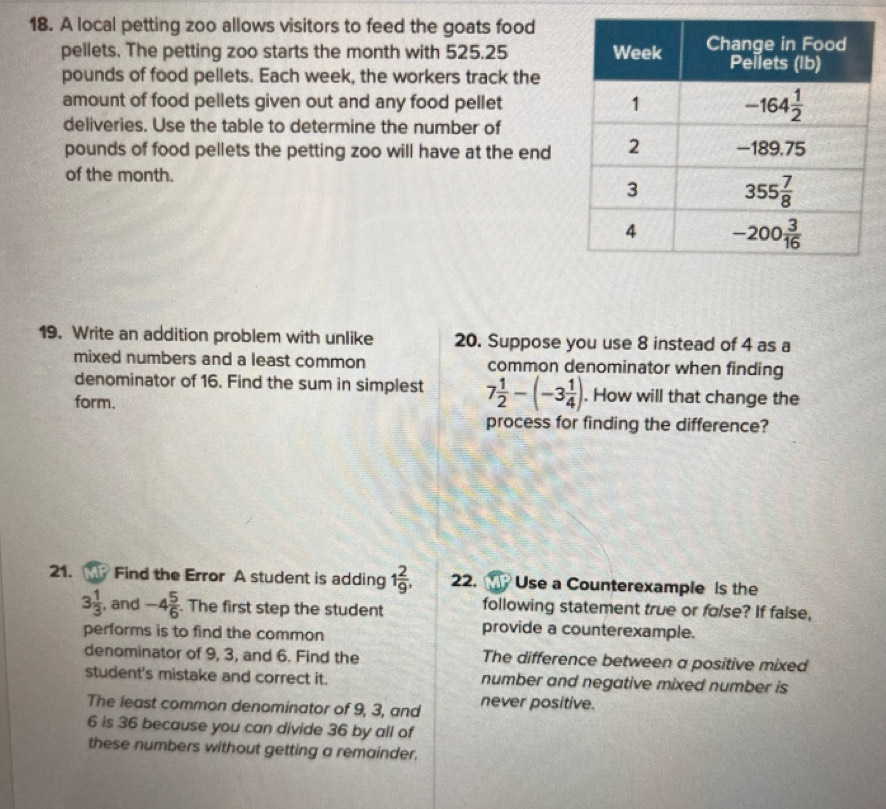 A local petting zoo allows visitors to feed the goats food
pellets. The petting zoo starts the month with 525.25 
pounds of food pellets. Each week, the workers track the
amount of food pellets given out and any food pellet 
deliveries. Use the table to determine the number of
pounds of food pellets the petting zoo will have at the end
of the month.
19. Write an addition problem with unlike 20. Suppose you use 8 instead of 4 as a
mixed numbers and a least common common denominator when finding
denominator of 16. Find the sum in simplest 7 1/2 -(-3 1/4 ). How will that change the
form.
process for finding the difference?
21.  Find the Error A student is adding 1 2/9 , 22.  Use a Counterexample is the
3 1/3  , and -4 5/6 . The first step the student following statement true or false? If false,
performs is to find the common
provide a counterexample.
denominator of 9, 3, and 6. Find the The difference between a positive mixed
student's mistake and correct it. number and negative mixed number is
The least common denominator of 9, 3, and never positive.
6 is 36 because you can divide 36 by all of
these numbers without getting a remainder.