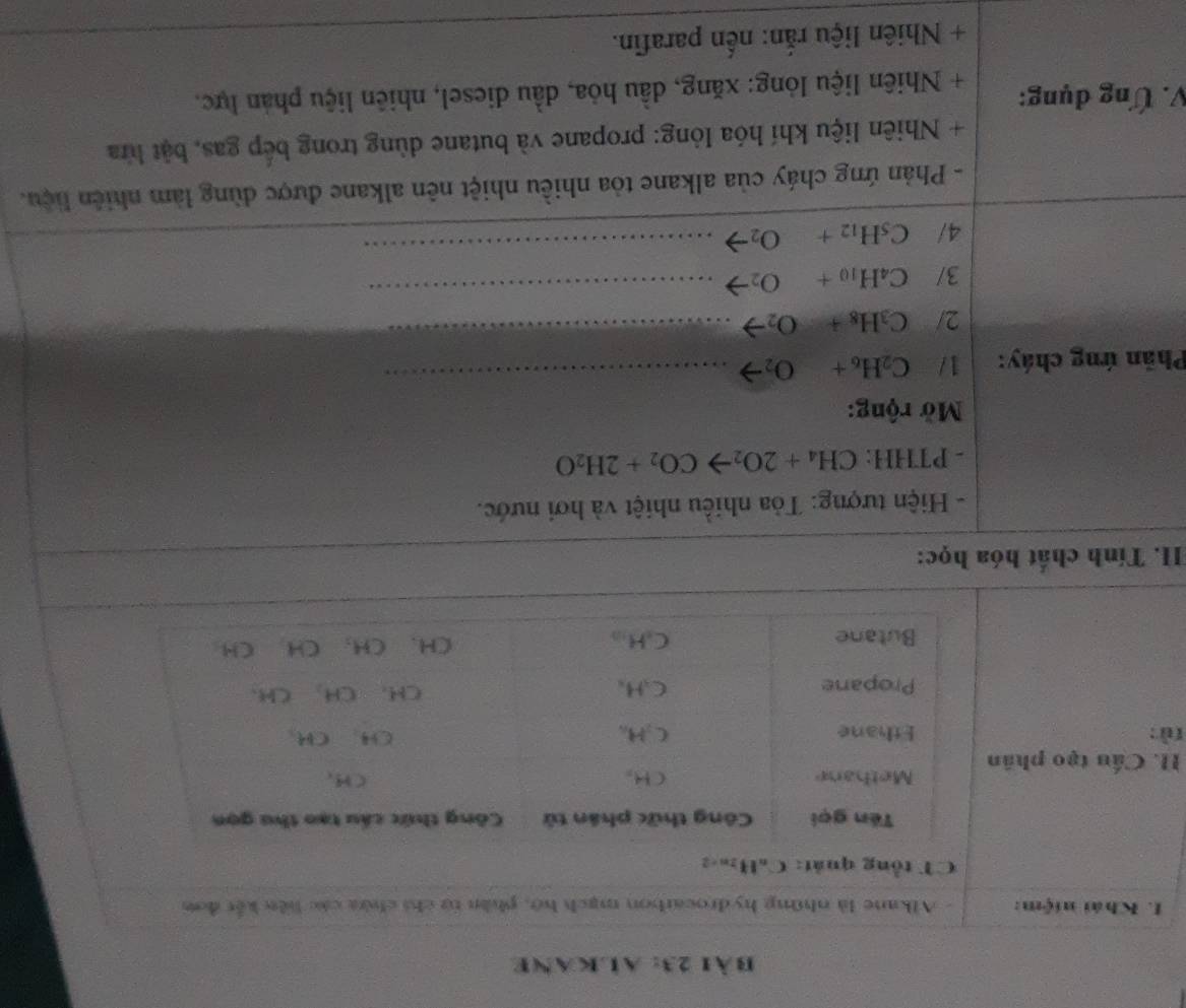 alkane 
I 
t 
II. Tính chất hóa học: 
- Hiện tượng: Tỏa nhiều nhiệt và hơi nước. 
- PTHH: CH_4+2O_2to CO_2+2H_2O
Mở rộng: 
Phản ứng cháy: 1/ C_2H_6+O_2 _ 
2/ C_3H_8+O_2
_ 
3/ C_4H_10+O_2
_ 
4/ C_5H_12+O_2
_ 
- Phản ứng cháy của alkane tòa nhiều nhiệt nên alkane được dùng làm nhiên liệu. 
+ Nhiên liệu khí hóa lỏng: propane và butane dùng trong bếp gas, bật hữa 
V. Ứng đụng: 
+ Nhiên liệu lỏng: xăng, dầu hỏa, dầu diesel, nhiên liệu phản lực. 
+ Nhiên liệu rắn: nến parafin.