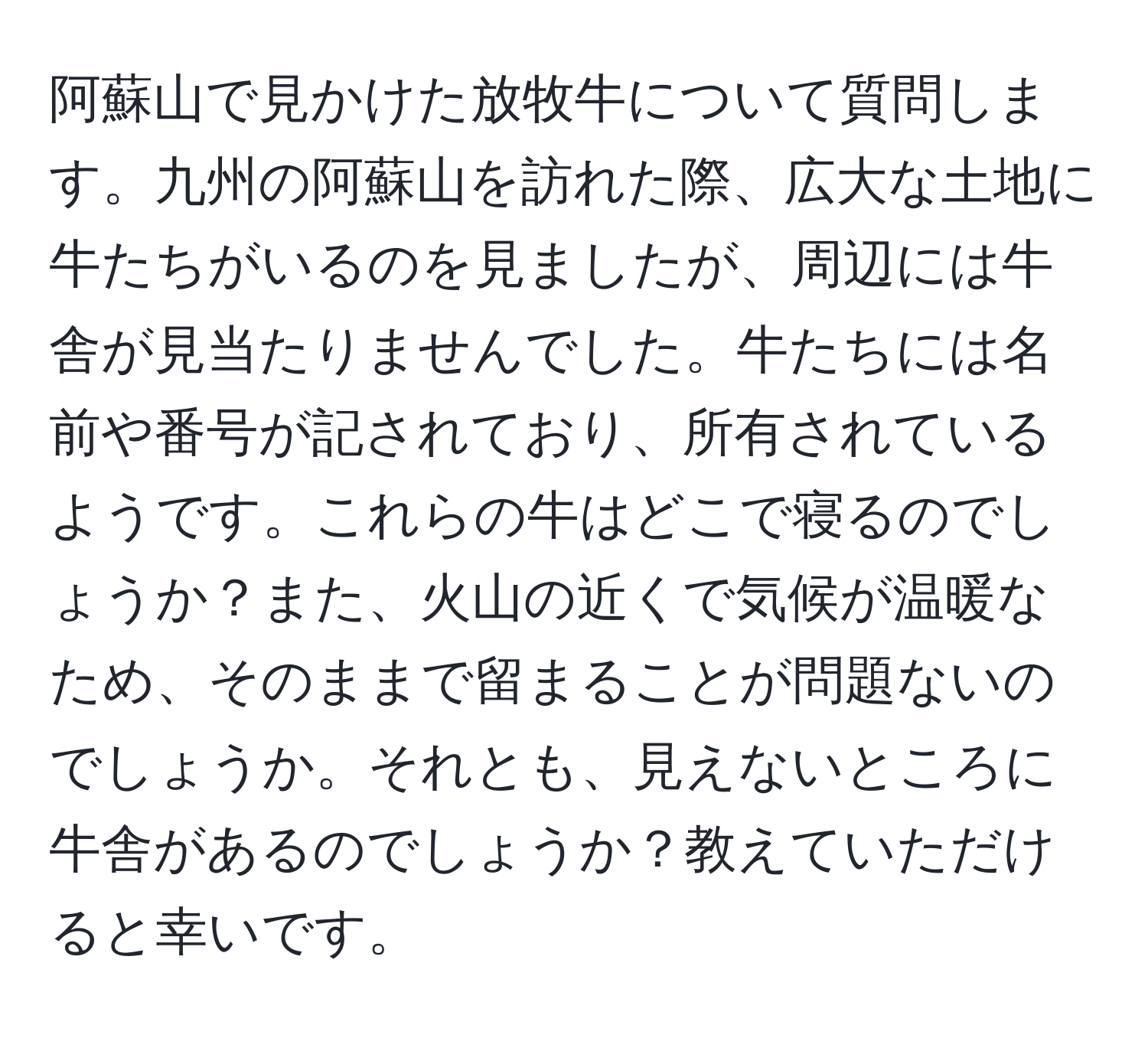 阿蘇山で見かけた放牧牛について質問します。九州の阿蘇山を訪れた際、広大な土地に牛たちがいるのを見ましたが、周辺には牛舎が見当たりませんでした。牛たちには名前や番号が記されており、所有されているようです。これらの牛はどこで寝るのでしょうか？また、火山の近くで気候が温暖なため、そのままで留まることが問題ないのでしょうか。それとも、見えないところに牛舎があるのでしょうか？教えていただけると幸いです。