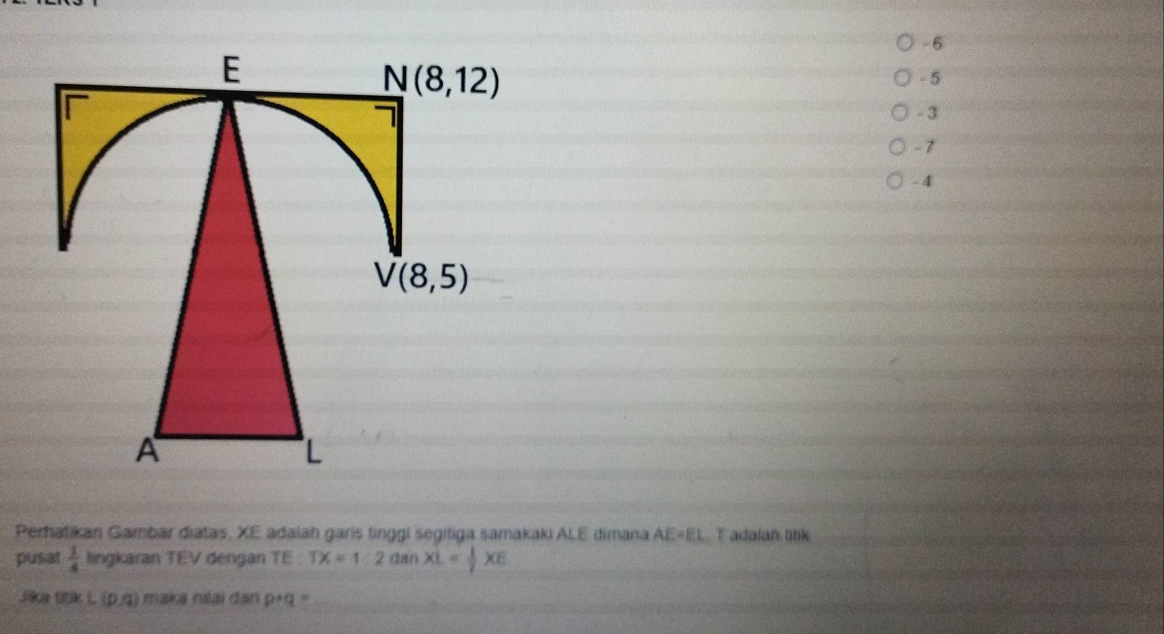 6
- 5
- 3
-7
- 4
Perhatikan Gambar diatas, XE adalah garis tinggi segitiga samakaki ALE dimana AE=EL T adalan titik
pusat  1/4  lingkaran TEV dengan TE TX=1/2 dan XL= 1/7 XE
00* L(p,q) maka nai dan p+q=