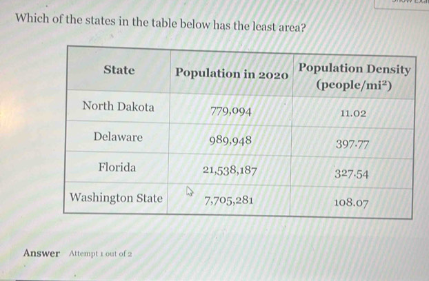 Which of the states in the table below has the least area?
Answer Attempt 1 out of 2