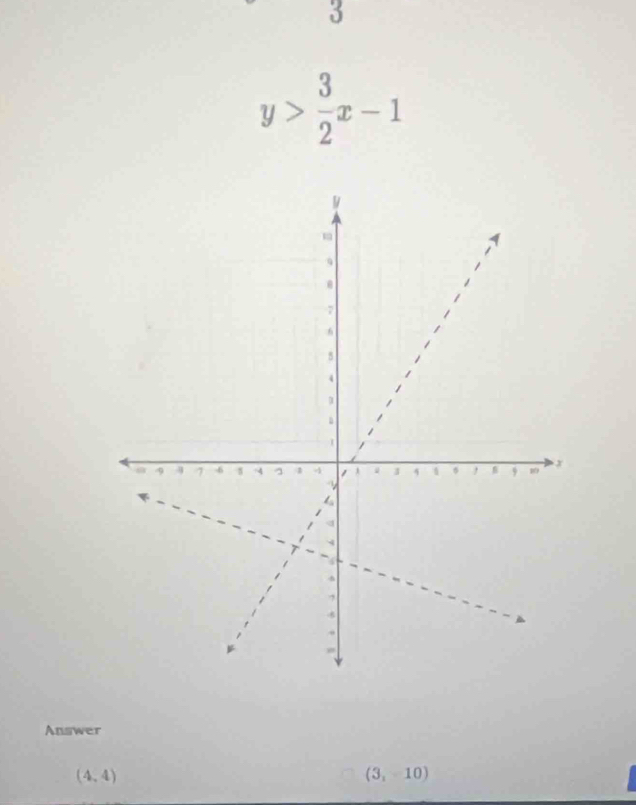 3
y> 3/2 x-1
Answer
(4,4)
(3,-10)