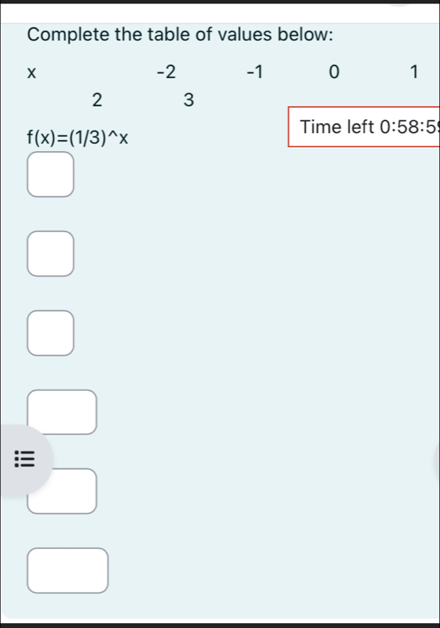 Complete the table of values below:
-2 -1 0 1
2
3
f(x)=(1/3)^wedge x
Time left 0:58:5