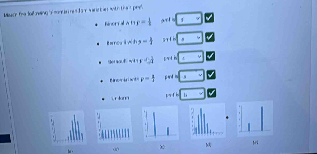 Match the following binomial random variables with their pmf. 
Binomial with p= 1/4  pmf is 
Bernoulli with p= pmf is □ 
Bernoulli with p= pmf is 6°
Binomial with p= 3/4  pmf is a 
Uniform pmf is 
(a) (b) 
(6)