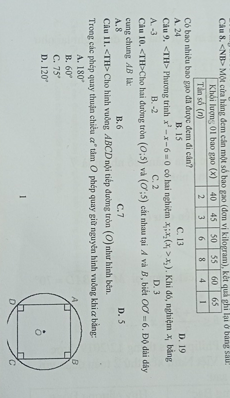 ∠ NB> hàng đem cân một số bao gao (đơn vị kilogram), kết quả ghi lại ở bảng sau:
Có bao nhiêu bao gạo đã được đem đi cân?
A. 24 B. 15 C. 13 D. 19
Câu 9. ∠ TH> Phương trình x^2-x-6=0 có hai nghiệm x_1;x_2(x_1>x_2). Khi đó, nghiệm x_1 bàng
A. -3 B. -2 C. 2 D. 3
Câu 10. ∠ TH> =Cho hai đường tròn (O;5) và (O';5) cắt nhau tại A và B, biết OO'=6. Độ dài dây
cung chung AB là:
A. 8 B. 6 C. 7 D. 5
Câu 11. Cho hình vuông ABCD nội tiếp đường tròn (O) như hình bên.
Trong các phép quay thuận chiều alpha° tâm O phép quay giữ nguyên hình vuông khiơ bằng:
A. 180°
B. 60°
C. 75°
D. 120°
1