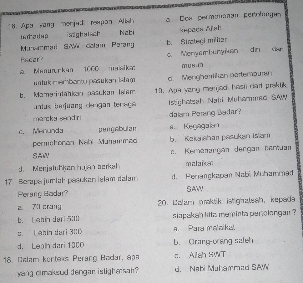 Apa yang menjadi respon Allah a. Doa permohonan pertolongan
terhadap istighatsah Nabi kepada Allah
Muhammad SAW dalam Perang b. Strategi militer
c. Menyembunyikan diri dari
Badar?
a. Menurunkan 1000 malaikat musuh
untuk membantu pasukan Islam d. Menghentikan pertempuran
b. Memerintahkan pasukan Islam 19. Apa yang menjadi hasil dari praktik
untuk berjuang dengan tenaga istighatsah Nabi Muhammad SAW
mereka sendiri dalam Perang Badar?
c. Menunda pengabulan a. Kegagalan
permohonan Nabi Muhammad b. Kekalahan pasukan Islam
SAW c. Kemenangan dengan bantuan
d. Menjatuhkan hujan berkah malaikat
17. Berapa jumlah pasukan Islam dalam d. Penangkapan Nabi Muhammad
Perang Badar? SAW
a. 70 orang 20. Dalam praktik istighatsah, kepada
b. Lebih dari 500 siapakah kita meminta pertolongan ?
c. Lebih dari 300 a. Para malaikat
d. Lebih dari 1000 b. Orang-orang saleh
18. Dalam konteks Perang Badar, apa c. Allah SWT
yang dimaksud dengan istighatsah? d. Nabi Muhammad SAW