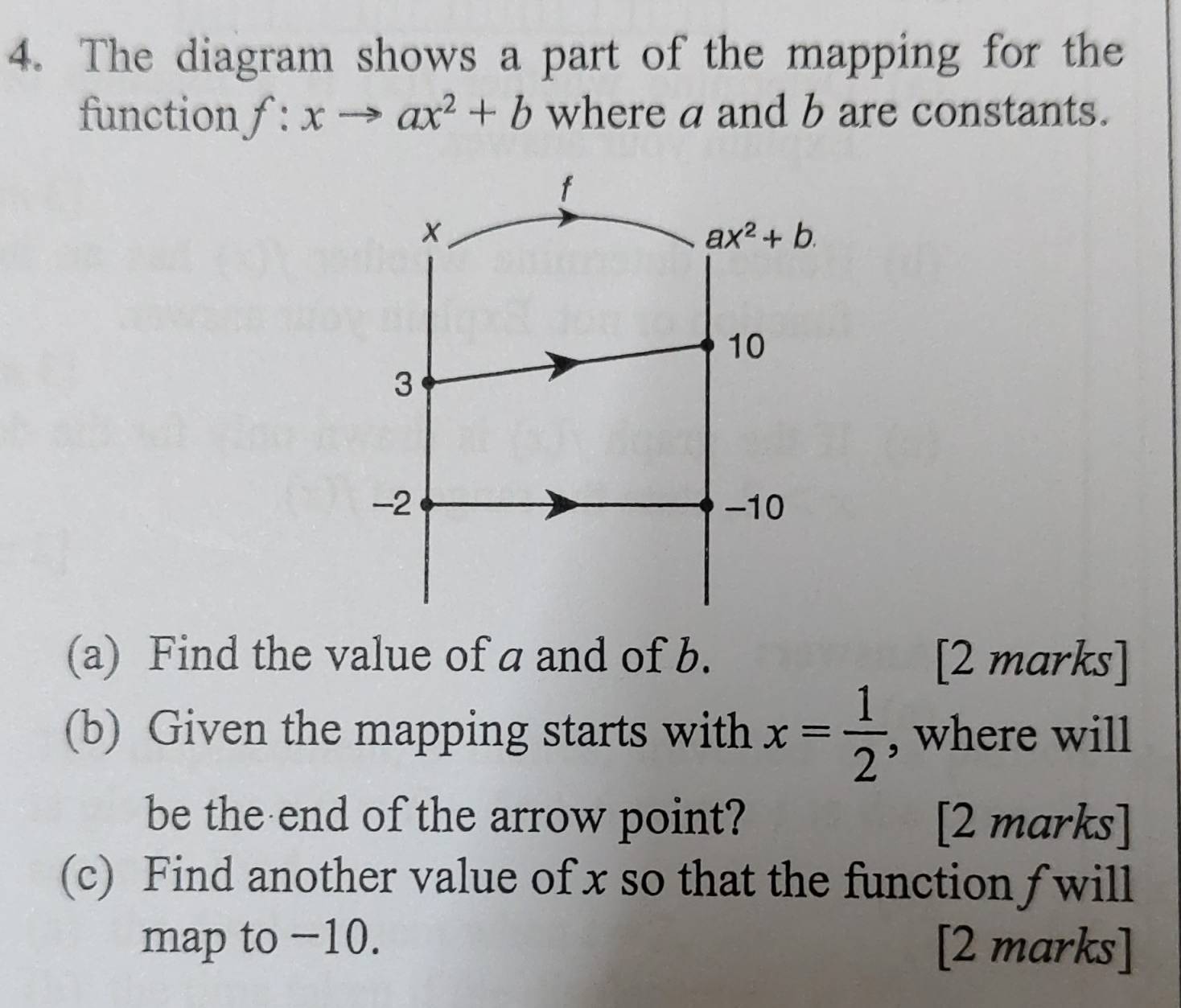 The diagram shows a part of the mapping for the 
function f:xto ax^2+b where a and b are constants.
f
x
ax^2+b.
10
3
-2 -10
(a) Find the value of a and of b. [2 marks] 
(b) Given the mapping starts with x= 1/2  , where will 
be the end of the arrow point? [2 marks] 
(c) Find another value of x so that the function f will 
map to −10. [2 marks]