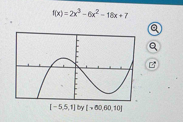 f(x)=2x^3-6x^2-18x+7
[-5,5,1] by [-60,60,10]