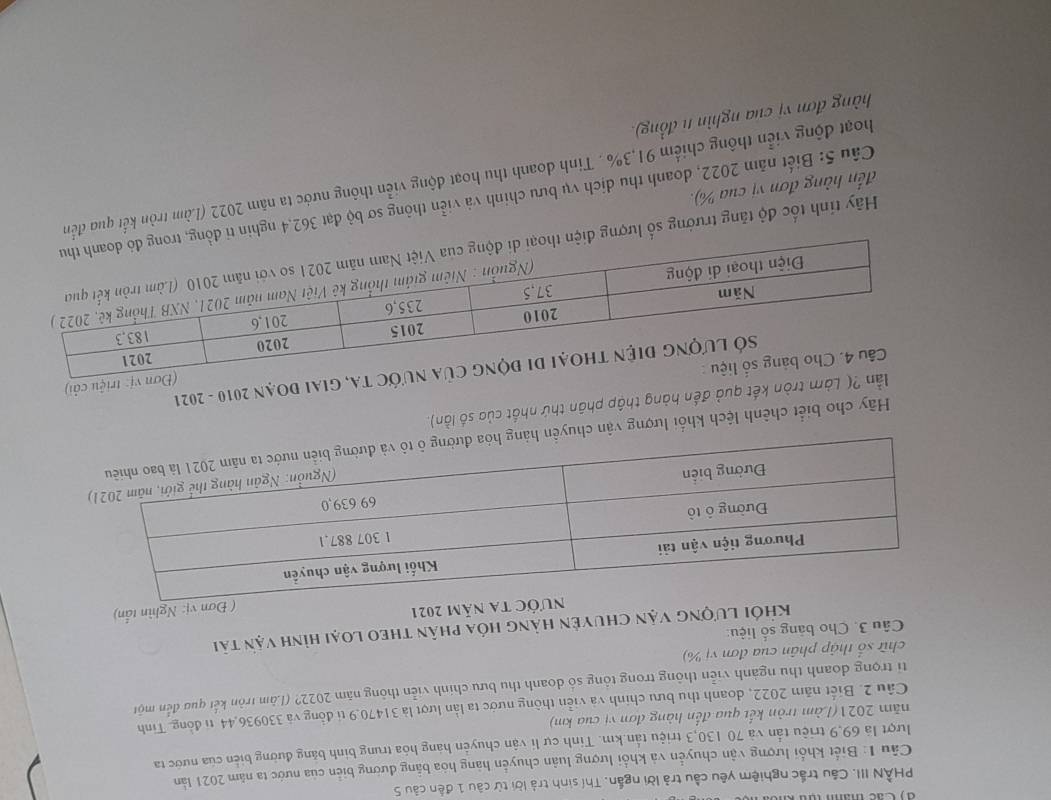 PHÀN III. Câu trắc nghiệm yêu cầu trả lời ngắn, Thí sinh trả lời từ câu 1 đến câu 5 
Cu 1: Biết khối lượng vận chuyến và khối lượng luân chuyến hàng hóa bằng đường biển của nước ta năm 2021 lằn 
lượt là 69, 9 triệu tần và 70 130, 3 triệu tấn. km. Tinh cự li vận chuyên hàng hóa trung binh băng đường biển của nước ta 
năm 2021 (Làm tròn kết qua đến hàng đơn vị của km) 
Câu 2. Biết năm 2022, doanh thu bưu chính và viễn thông nước ta lần lượt là 31470, 9 ti đồng và 330936, 44 ti đồng. Tinh 
ti trọng doanh thu ngành viễn thông trong tổng số doanh thu bưu chính viễn thông năm 2022? (Lâm tròn kết quu đến một 
chữ số thập phân của đơn vị %) 
Câu 3. Cho bảng số liệu: 
kKhỏi Lượng vận chuyên hàng hóa phân theo loại hình vận tải 
ớc ta năm 2021 
( Đơn vị: Nghìn tấn) 
Hãy cho biết chênh lệch khối lượng vận chuy 
ròn kết quả đến hàng thập phân thứ nhất của số lần). 
cải) 
đoạn 2010 - 2021 
Hãy tinh tốc độ tăng trưởng số lượng 
Câu 5: Biết năm 2022, doanh thu dịch vụ bưu chính và viễn thông sơ bộ đạt 362, 4 nghin tỉ đ 
đến hằng đơn vị cua %). 
hoạt động viễn thông chiếm 91, 3%. Tinh doanh thu hoạt động viễn thông nước ta năm 2022 (Làm tròn kết qua đến 
hàng đơn vị của nghìn tỉ đồng).