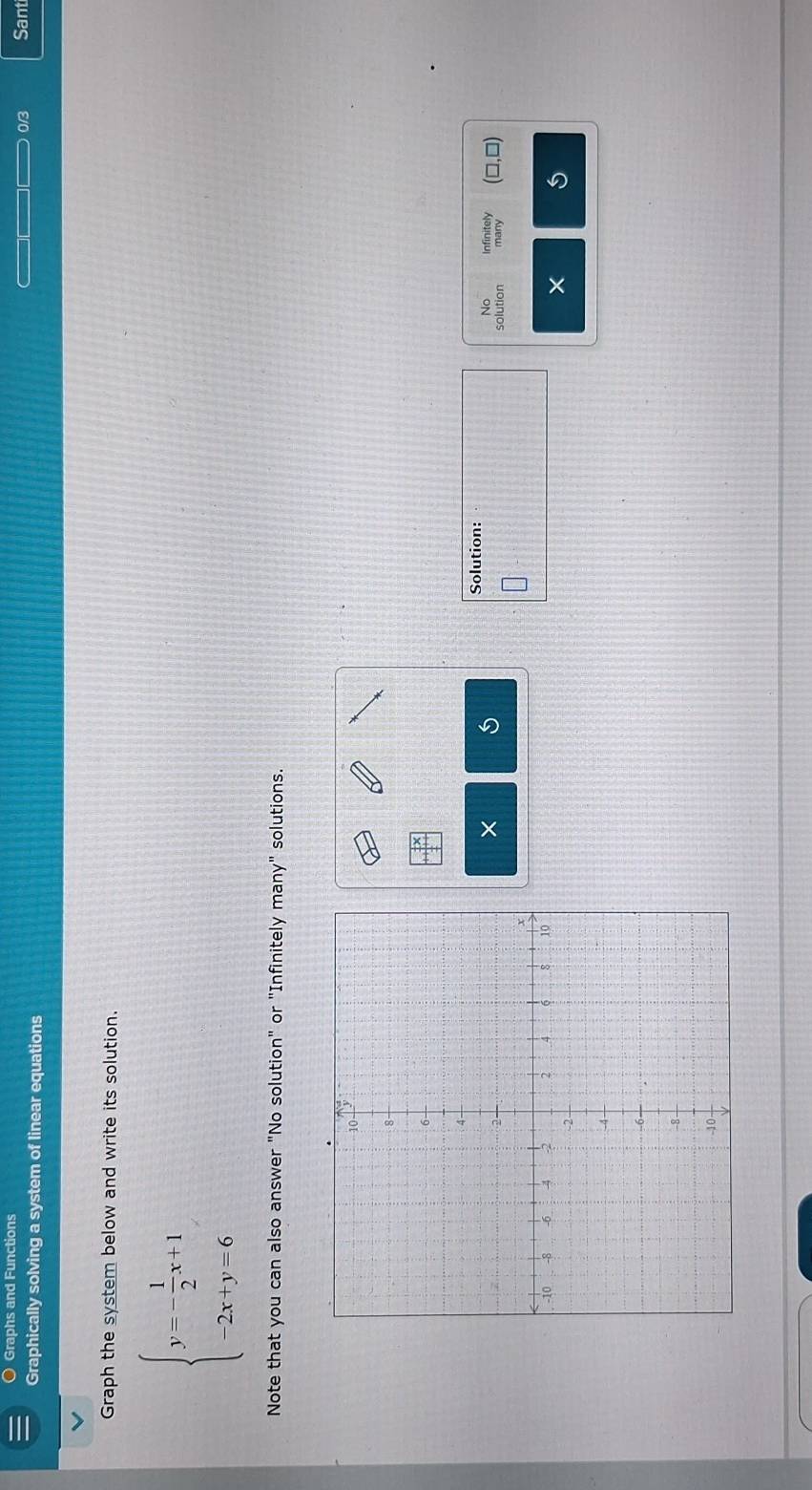 Graphs and Functions Sant 
0/3 
Graphically solving a system of linear equations 
Graph the system below and write its solution.
beginarrayl y=- 1/2 x+1 -2x+y=6endarray.
Note that you can also answer "No solution" or "Infinitely many" solutions. 
Solution: 
× Infinitely (□ ,□ )
No 
solution many