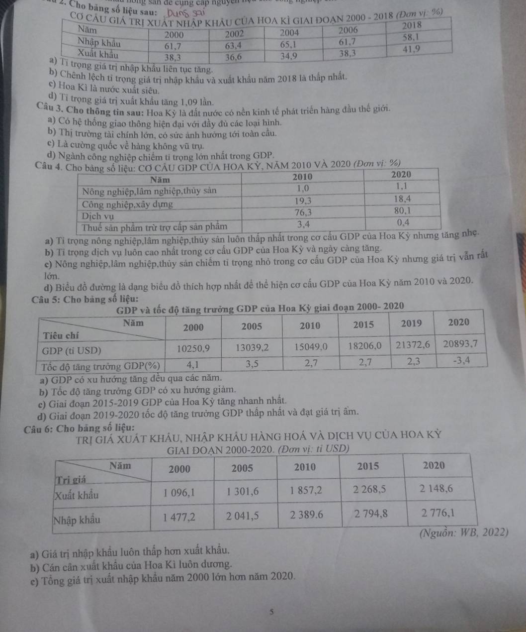 an  de  c  u ng cậ p nguy en   n  
1  2. Cho băng số liệu sau:
(Đơn vị: %)
ên tục tăng.
b) Chênh lệch tí trọng giá trị nhập khẩu và xuất khẩu năm 2018 là thấp nhất.
c) Hoa Kì là nước xuất siêu.
d) Ti trọng giá trị xuất khẩu tăng 1,09 lần.
Câu 3. Cho thông tin sau: Hoa Kỳ là đất nước có nền kinh tế phát triển hàng đầu thế giới
a) Có hệ thống giao thông hiện đại với đầy đủ các loại hình.
b) Thị trường tài chính lớn, có sức ảnh hưởng tới toàn cầu.
c) Là cường quốc về hàng không vũ trụ.
d) Ngành công nghiệp chiếm tỉ trọng lớn nhất trong GDP.
CâuKỲ, NÄM 2010 VÀ 2020 (Đơn vị: %)
a) Tỉ trọng nông nghiệp,lâm nghiệp,thủy sản luôn thấp nhất trong cơ cấu GDPẹ.
b) Tỉ trọng dịch vụ luôn cao nhất trong cơ cấu GDP của Hoa Kỳ và ngày càng tăng.
c) Nông nghiệp,lâm nghiệp,thủy sản chiếm tỉ trọng nhỏ trong cơ cấu GDP của Hoa Kỳ nhưng giá trị vẫn rất
lớn.
d) Biểu đồ đường là dạng biểu đồ thích hợp nhất đề thể hiện cơ cấu GDP của Hoa Kỳ năm 2010 và 2020.
Câu 5: Cho bảng số liệu:
giai đoạn 2000- 2020
a) GDP có xu hướng tăng đều quaác
b) Tốc độ tăng trưởng GDP có xu hướng giảm.
c) Giai đoạn 2015-2019 GDP của Hoa Kỳ tăng nhanh nhất.
d) Giai đoạn 2019-2020 tốc độ tăng trưởng GDP thấp nhất và đạt giá trị ẩm.
Câu 6: Cho bảng số liệu:
trị Giá XUát khÁu, nhập khÁu hÀng hoá và dịch vụ của hoa kỳ
a) Giá trị nhập khẩu luôn thấp hơn xuất khẩu.
b) Cán cân xuất khẩu của Hoa Kì luôn dương.
c) Tổng giá trị xuất nhập khẩu năm 2000 lớn hơn năm 2020.
5