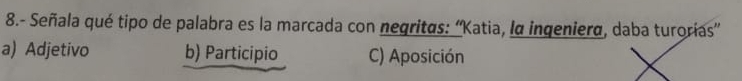 8.- Señala qué tipo de palabra es la marcada con negritas: ''Katia, la ingeniera, daba turorías''
a) Adjetivo b) Participio C) Aposición