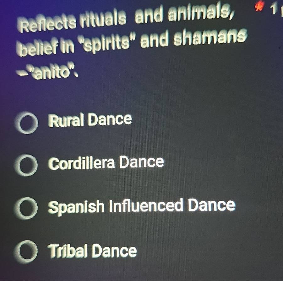 Reflects rituals and animals,
belief in “spirits” and shamans
- ''anito''.
Rural Dance
Cordillera Dance
Spanish Influenced Dance
Tribal Dance