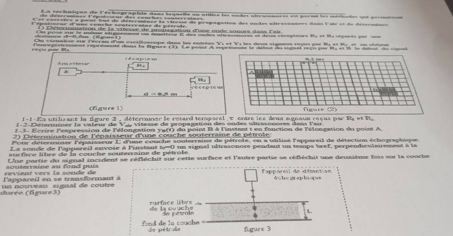 La technique de l'échographie dans laquelle on utilise les ondes ultrasonores est parmi les méthodes qui permettent
de déterminer l'épaisseur des couches souterraines.
Cet exercice a pour but de déterminer la vitesse de propagation des ondes ultrasonores dans l'air et de déterminer
l'épaisseur d'une couche souterraine de pétrole.
1) Détermination de la vitesse de propagation d'une onde sonore dans l'air.
On pose sur le même alignement un émetteur E des ondes ultrasonores et deux récepteurs R1 et R1séparés par une
distance d=0,5m. (fgure1)
On visualise sur l'écran d'un oscilloscope dans les entrées Y1 et Yı les deux signax reçus par Rıet Rı  et on obtient
l'enregistrement représenté dans la figure (2). Le point A représente le début du signal reçu par Rị et B le début du signal
reçu par R1
récepteu
émetteur 
。
R
récepteur
43 S m
(figure 1) 
1-1-En utilisant la figure 2 , déterminer le retard temporel , 7 entre les deux agnaux reçus par R_1 et R
1-2-Déterminer la valeur de Var vitesse de propagation des ondes ultrasonores dans l'air.
1-3- Ecrire l'expression de l'élongation yg(t) du point B à l'instant t en fonction de l'élongation du point A.
2) Détermination de l'épaisseur d'une couche souterraine de pétrole:
Pour déterminer l'épaisseur L d'une couche souterraine de pétrole, on a utilisé l'appareil de détection échographique.
La sonde de l'appareil envoie à l'instant to=( O un signal ultrasonore pendant un temps bref, perpendiculairement à la
surface libre de la couche souterraine de pétrole.
Une partie du signal incident se réfléchit sur cette surface et l'autre partie se réfléchit une deuxième fois sur la couche
souterraine au fond puis
revient vers la sonde de   lappareil de détaction
l'appareil en se transformant à échegraphique
un nouveau signal de coutre 
durée (fgure3)
curface libre
de la couche
de pétrole
L
fond de la touche 
de pétrole figure 3