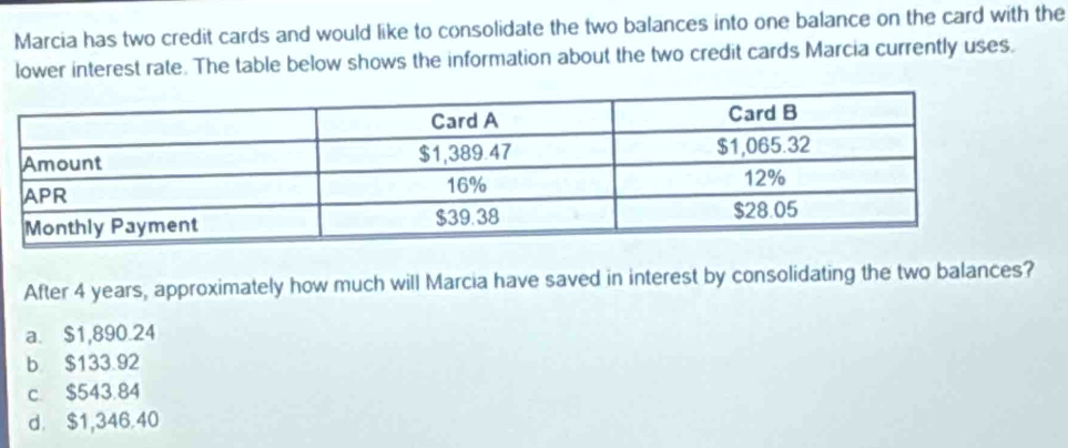 Marcia has two credit cards and would like to consolidate the two balances into one balance on the card with the
lower interest rate. The table below shows the information about the two credit cards Marcia currently uses.
After 4 years, approximately how much will Marcia have saved in interest by consolidating the two balances?
a. $1,890.24
b $133.92
c. $543.84
d. $1,346.40