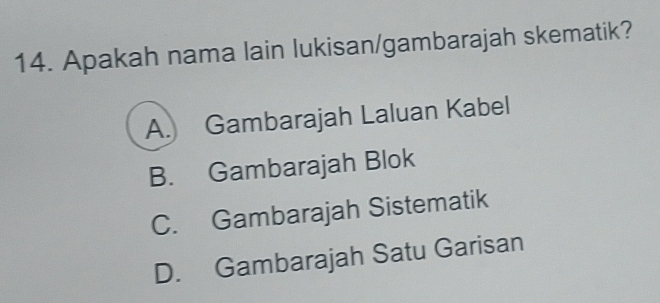 Apakah nama lain lukisan/gambarajah skematik?
A. Gambarajah Laluan Kabel
B. Gambarajah Blok
C. Gambarajah Sistematik
D. Gambarajah Satu Garisan