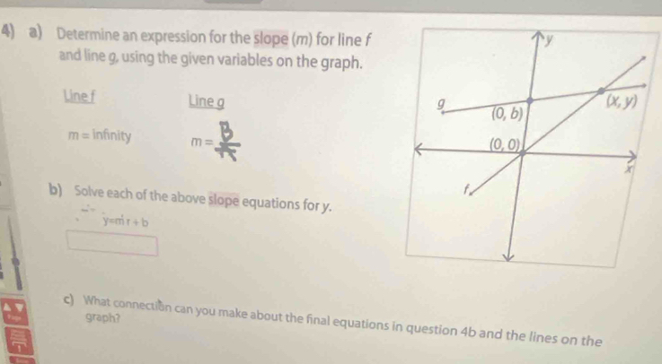 Determine an expression for the slope (m) for line f
and line g, using the given variables on the graph.
Line f Line g
m= infinity m= B/sqrt(π ) 
b) Solve each of the above slope equations for y.
y=mt+b
□  □°
graph?
c) What connection can you make about the final equations in question 4b and the lines on the