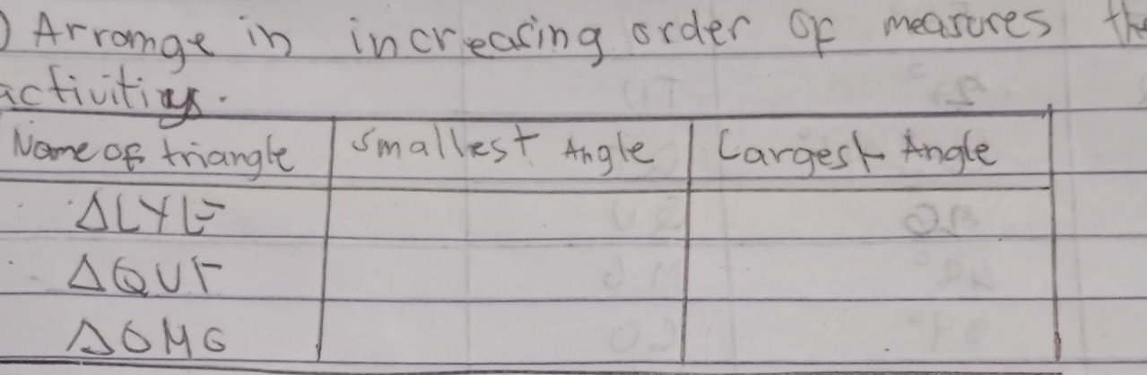 ) Arrange in increasing order Of measores the
a