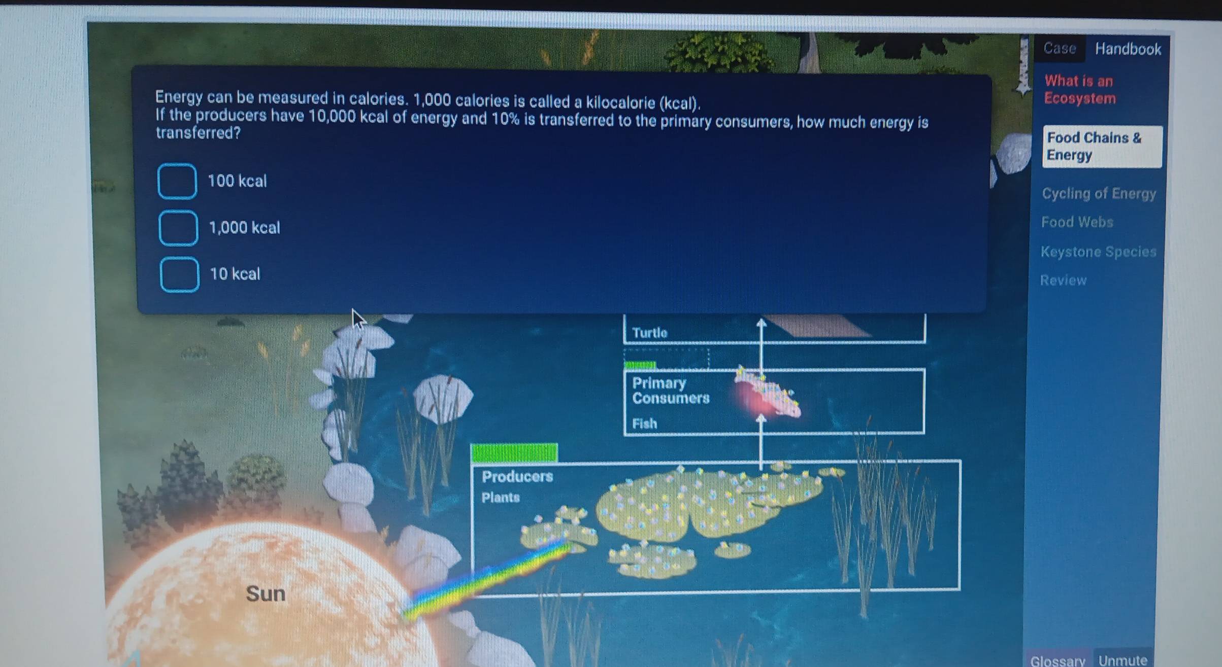 Case Handbook
What is an
Energy can be measured in calories. 1,000 calories is called a kilocalorie (kcal).
Ecosystem
If the producers have 10,000 kcal of energy and 10% is transferred to the primary consumers, how much energy is
Food Chains &
transferred? Energy
100 kcal Cycling of Energy
1,000 kcal
Food Webs
Keystone Species
10 kcal Review
Glossary Unmute