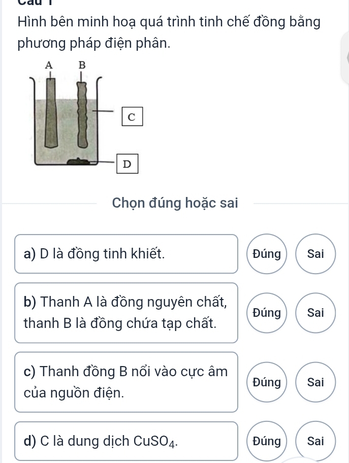 Caul
Hình bên minh hoạ quá trình tinh chế đồng bằng
phương pháp điện phân.
Chọn đúng hoặc sai
a) D là đồng tinh khiết. Đúng Sai
b) Thanh A là đồng nguyên chất,
Đúng Sai
thanh B là đồng chứa tạp chất.
c) Thanh đồng B nổi vào cực âm
Đúng Sai
của nguồn điện.
d) C là dung dịch CuSO₄. Đúng Sai