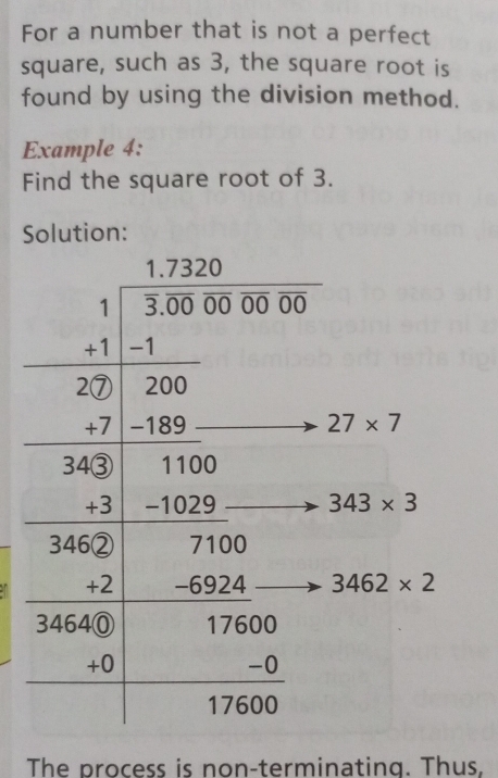 For a number that is not a perfect
square, such as 3, the square root is
found by using the division method.
Example 4:
Find the square root of 3.
Solution:
The process is non-terminating. Thus,