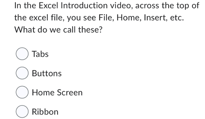 Solved: In the Excel Introduction video, across the top of the excel ...