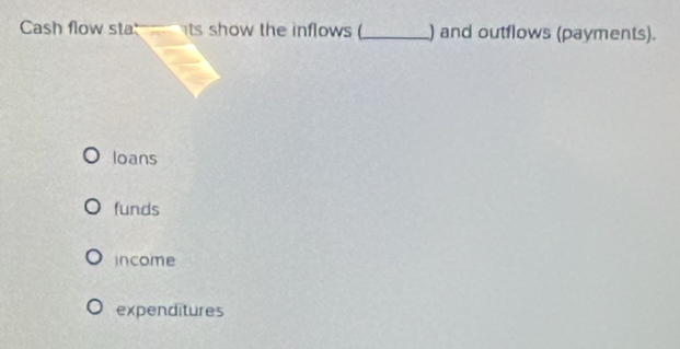 Cash flow statts show the inflows (_ ) and outflows (payments).
loans
funds
income
expenditures