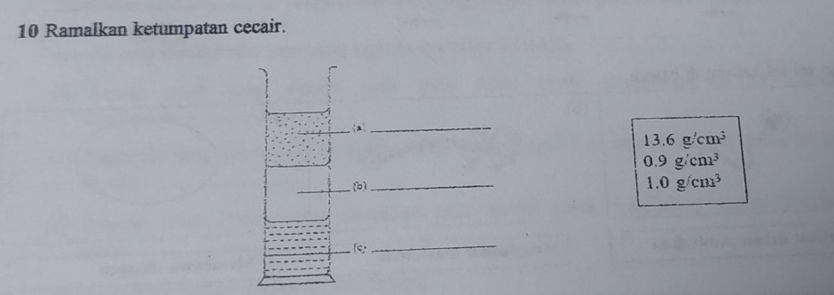 Ramalkan ketumpatan cecair. 
_a_
13.6g/cm^3
0.9g/cm^3
_bì_
1.0g/cm^3
(s) 
_