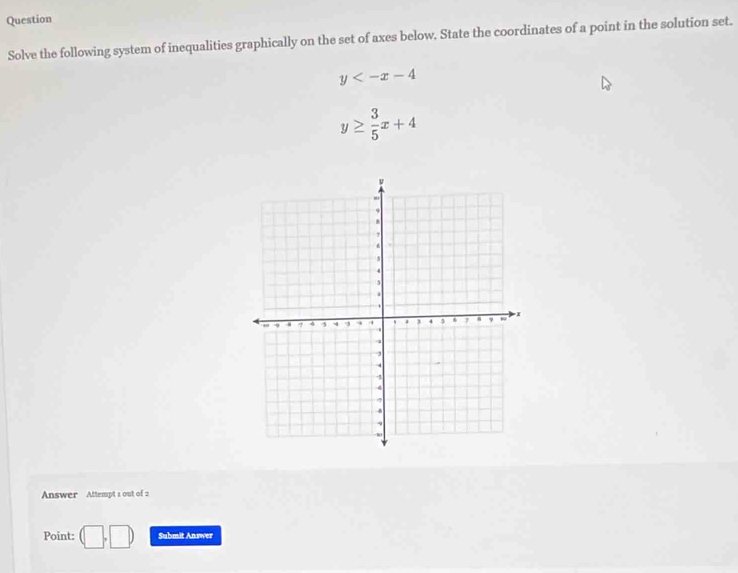 Question 
Solve the following system of inequalities graphically on the set of axes below. State the coordinates of a point in the solution set.
y
y≥  3/5 x+4
Answer Attempt 1 out of 2 
Point: (□ ,□ ) Submit Answer