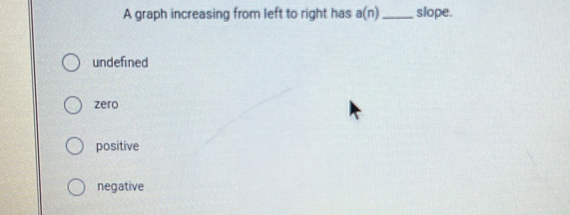 A graph increasing from left to right has a(n) slope.
undefined
zero
positive
negative