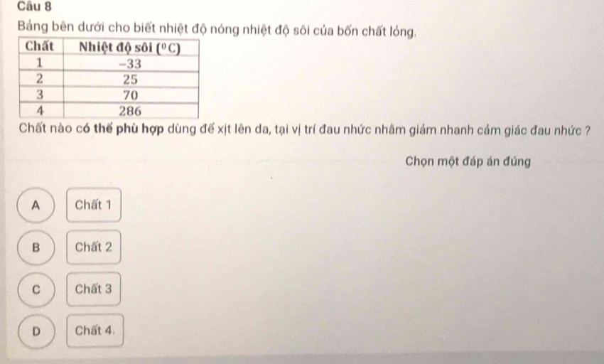 Bảng bên dưới cho biết nhiệt độ nóng nhiệt độ sôi của bốn chất lỏng.
Chất nào có thế phù hợp dùng đế xịt lên da, tại vị trí đau nhức nhãm giám nhanh cảm giác đau nhức ?
Chọn một đáp án đúng
A Chất 1
B Chất 2
C Chất 3
D Chất 4.