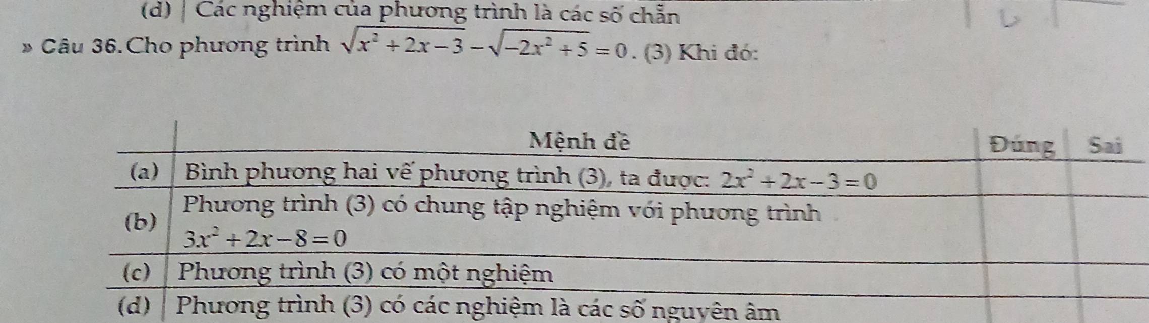 Các nghiệm của phương trình là các số chẵn
» Câu 36.Cho phương trình sqrt(x^2+2x-3)-sqrt(-2x^2+5)=0. (3) Khi đó: