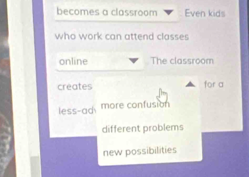 becomes a classroom Even kids
who work can attend classes
online The classroom
creates for a
less-ad more confusion
different problems
new possibilities