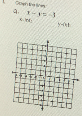 Graph the lines: 
a. x-y=-3
x -int: y -int: