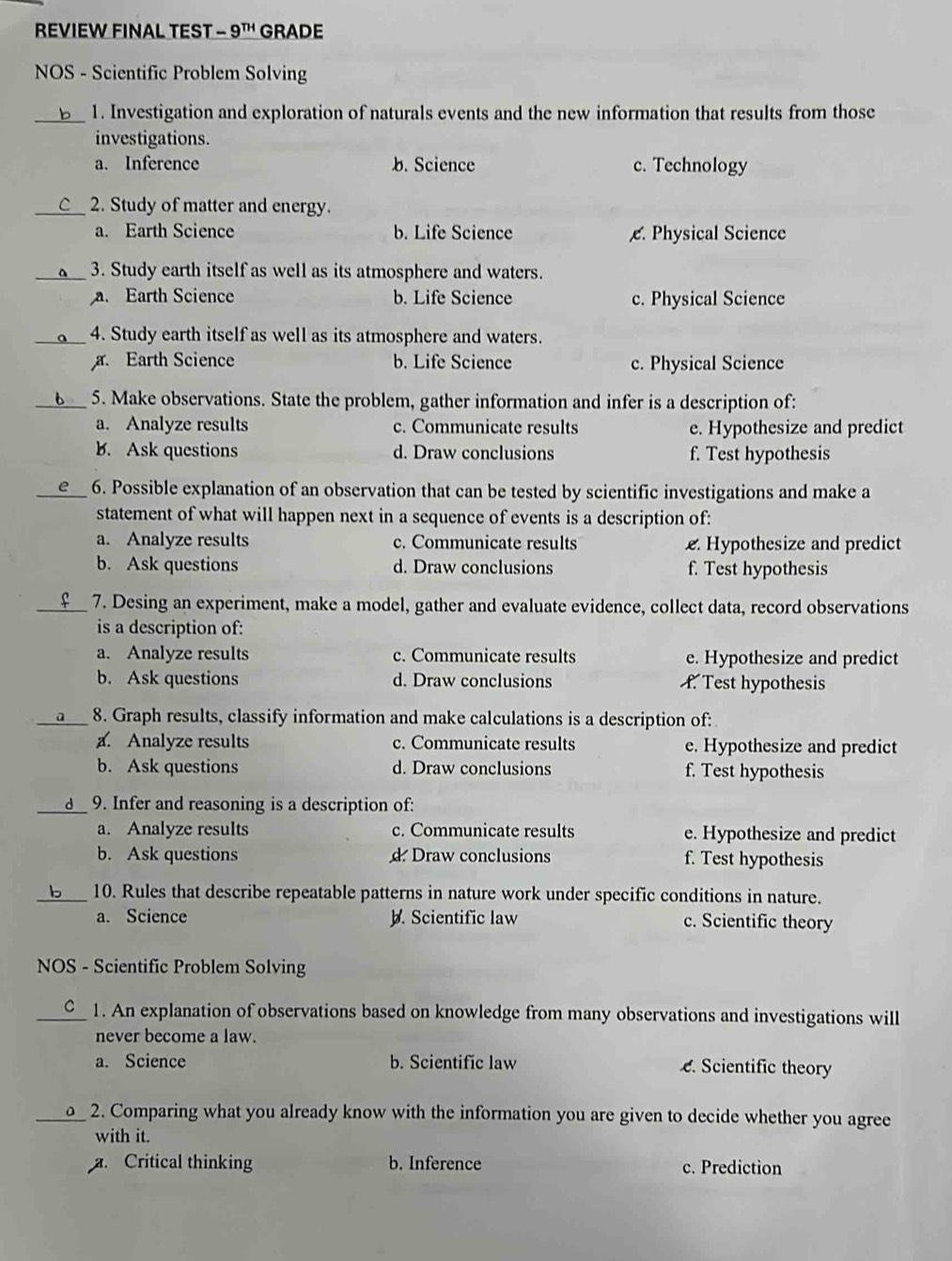 REVIEW FINAL TEST -9^(TH) GRADE
NOS - Scientific Problem Solving
_1. Investigation and exploration of naturals events and the new information that results from those
investigations.
a. Inference b. Science c. Technology
_2. Study of matter and energy.
a. Earth Science b. Life Science Physical Science
_3. Study earth itself as well as its atmosphere and waters.
a. Earth Science b. Life Science c. Physical Science
_4. Study earth itself as well as its atmosphere and waters.
Earth Science b. Life Science c. Physical Science
_5. Make observations. State the problem, gather information and infer is a description of:
a. Analyze results c. Communicate results e. Hypothesize and predict
B. Ask questions d. Draw conclusions f. Test hypothesis
_6. Possible explanation of an observation that can be tested by scientific investigations and make a
statement of what will happen next in a sequence of events is a description of:
a. Analyze results c. Communicate results Hypothesize and predict
b. Ask questions d. Draw conclusions f. Test hypothesis
_7. Desing an experiment, make a model, gather and evaluate evidence, collect data, record observations
is a description of:
a. Analyze results c. Communicate results e. Hypothesize and predict
b. Ask questions d. Draw conclusions f. Test hypothesis
_8. Graph results, classify information and make calculations is a description of:
. Analyze results c. Communicate results e. Hypothesize and predict
b. Ask questions d. Draw conclusions f. Test hypothesis
_9. Infer and reasoning is a description of:
a. Analyze results c. Communicate results e. Hypothesize and predict
b. Ask questions d Draw conclusions f. Test hypothesis
_10. Rules that describe repeatable patterns in nature work under specific conditions in nature.
a. Science b. Scientific law c. Scientific theory
NOS - Scientific Problem Solving
_C 1. An explanation of observations based on knowledge from many observations and investigations will
never become a law.
a. Science b. Scientific law . Scientific theory
_2. Comparing what you already know with the information you are given to decide whether you agree
with it.
a. Critical thinking b. Inference c. Prediction