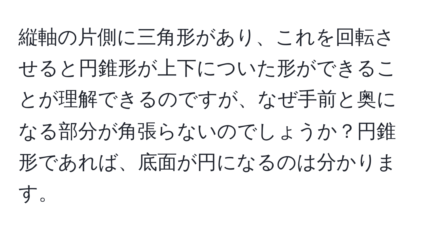 縦軸の片側に三角形があり、これを回転させると円錐形が上下についた形ができることが理解できるのですが、なぜ手前と奥になる部分が角張らないのでしょうか？円錐形であれば、底面が円になるのは分かります。