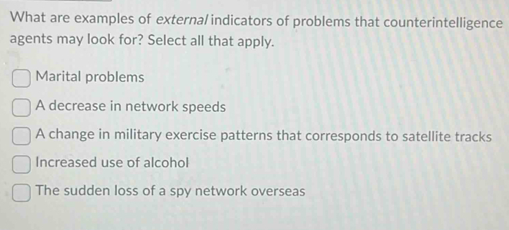 Solved: What are examples of externa/ indicators of problems that ...