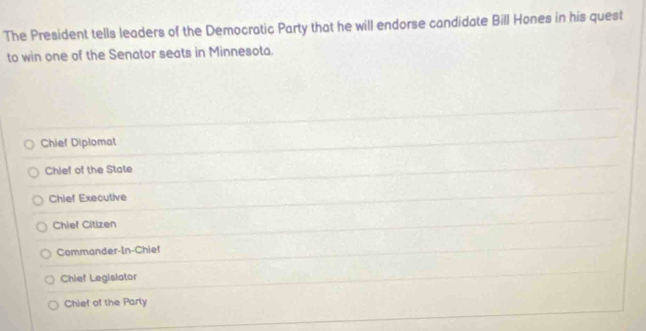 The President tells leaders of the Democratic Party that he will endorse candidate Bill Hones in his quest
to win one of the Senator seats in Minnesota.
Chief Diplomat
Chief of the State
Chief Executive
Chief Citizen
Commander-In-Chief
Chief Legislator
Chief of the Party