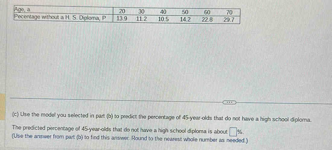 Use the model you selected in part (b) to predict the percentage of 45-year -olds that do not have a high school diploma. 
The predicted percentage of 45-year -olds that do not have a high school diploma is about □ %. 
(Use the answer from part (b) to find this answer. Round to the nearest whole number as needed.)