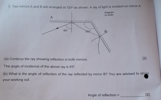 Two mirrors A and B are arranged at 120° as shown. A ray of light is incident on mirror A.
(a) Continue the ray showing reflection in both mirrors. [2]
The angle of incidence of the above ray is 65°.
(b) What is the angle of reflection of the ray reflected by mirror B? You are advised to show
your working out.
Angle of reflection = _[2]