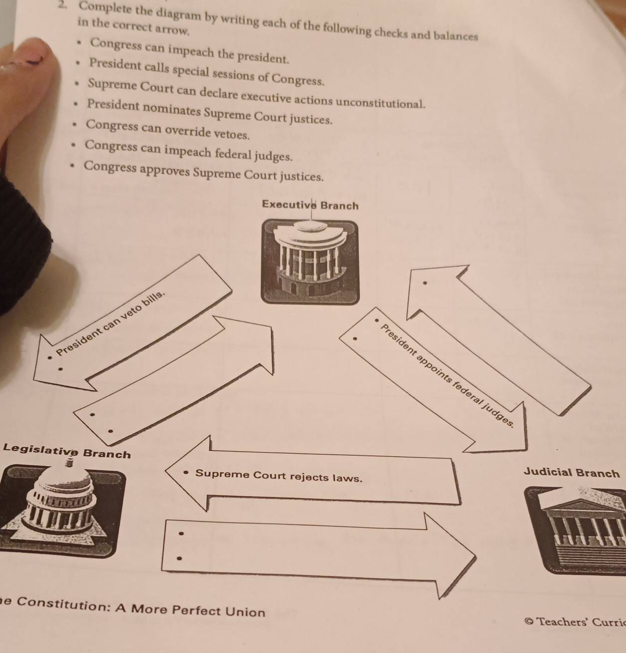 Complete the diagram by writing each of the following checks and balances 
in the correct arrow. 
Congress can impeach the president. 
President calls special sessions of Congress. 
Supreme Court can declare executive actions unconstitutional. 
President nominates Supreme Court justices. 
Congress can override vetoes. 
Congress can impeach federal judges. 
Congress approves Supreme Court justices. 
Legislative Branch 
Judicial Branch 
e Constitution: A More Perfect Union 
Teachers' Curri